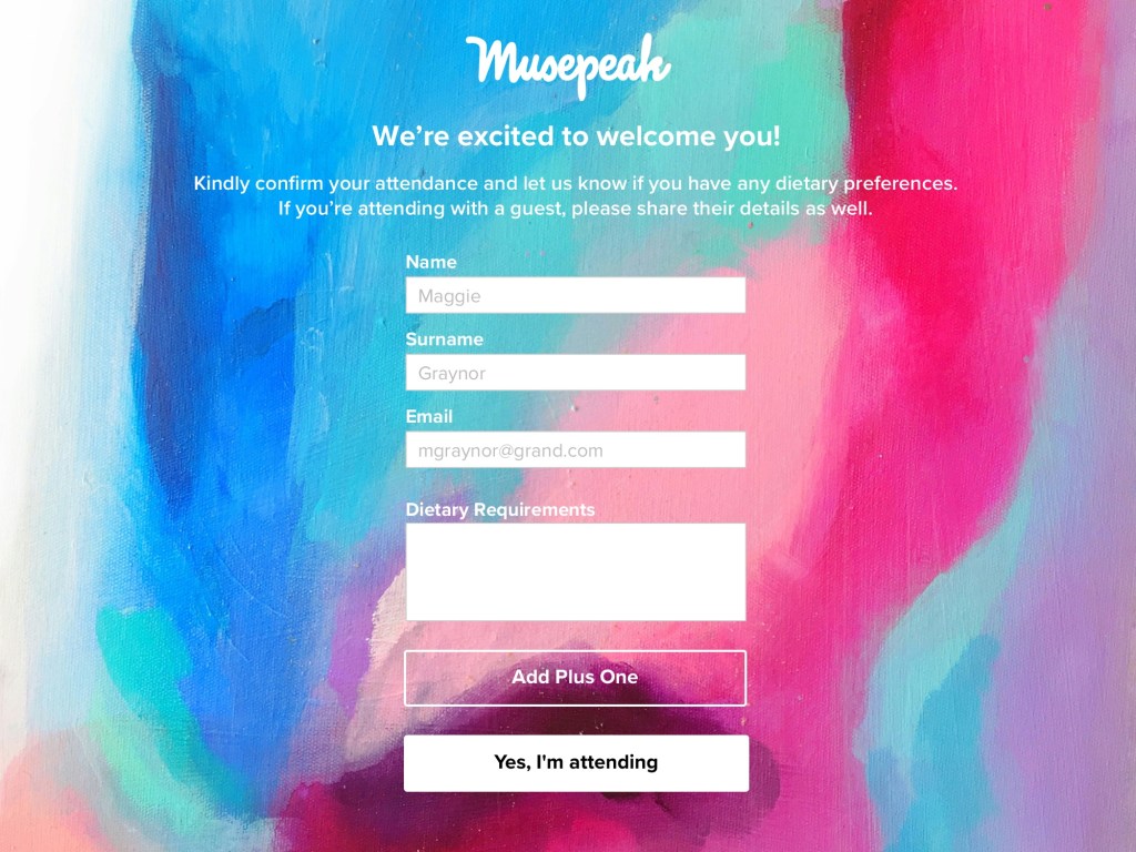 Form di RSVP personalizzata con grafiche evento e elementi visivi di forte impatto