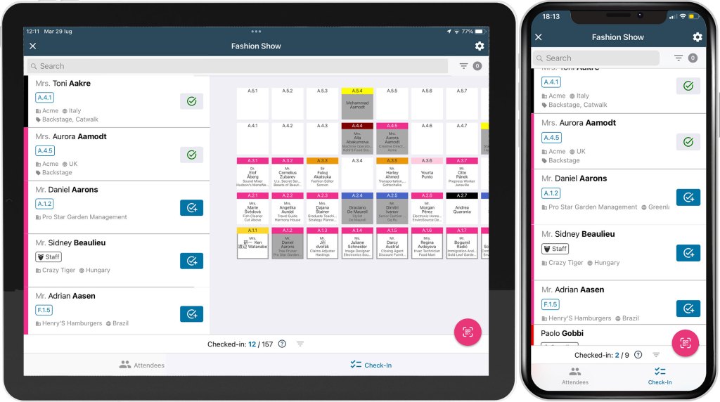 Synchronisation en temps réel de la liste des invités et des informations de placement sur plusieurs appareils de check-in.