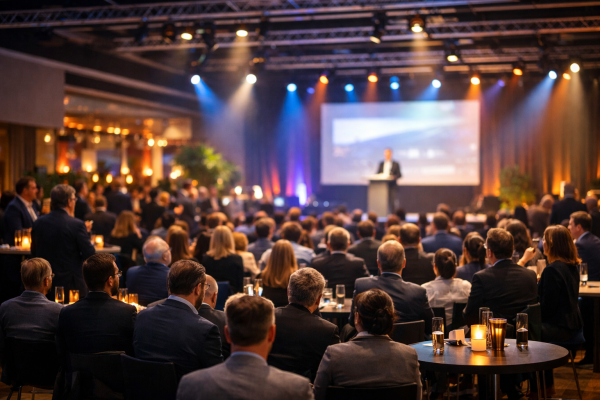 A professional event with attendees gathered in a conference venue, highlighting audience engagement and on-site organization.