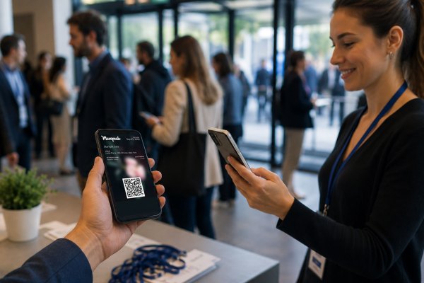 Guest checking in at an event using a smartphone QR code and digital event pass