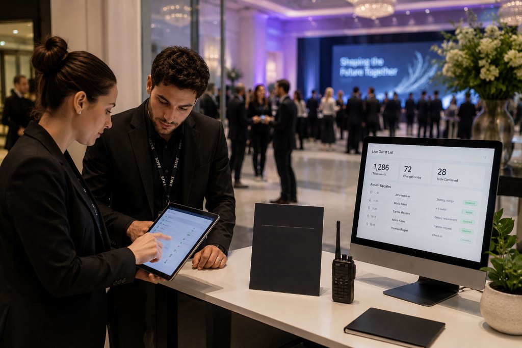 Event staff coordinating last-minute guest updates before a live event