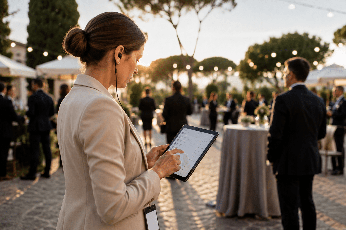 Event staff member managing guest operations on a tablet before guest arrival