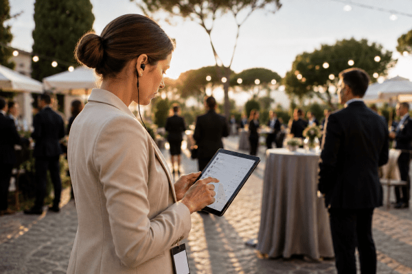 Event staff member managing guest operations on a tablet before guest arrival