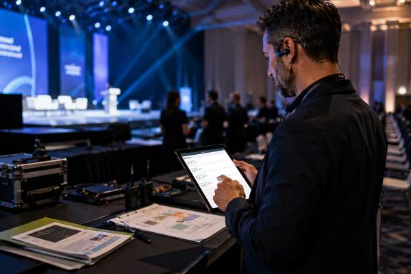 Event manager using an iPad to manage guests and event operations during a live indoor event