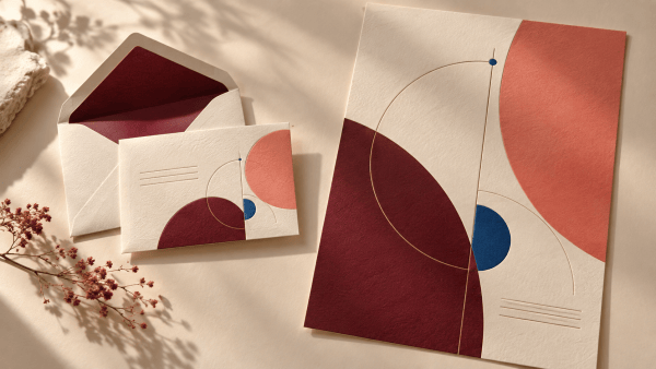 Personal invitation card with an open envelope beside a matching event poster on an ivory background.
